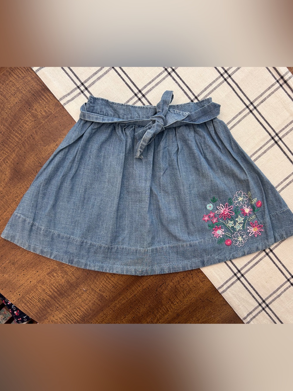 Vintage OshKosh Girls 6x Denim Skirt with Floral Embroidery and Tie Waist